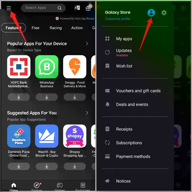 افتح ملف تعريف متجر Galaxy على هاتف Samsung تسجيل الخروج من حسابك على متجر جالاكسي
